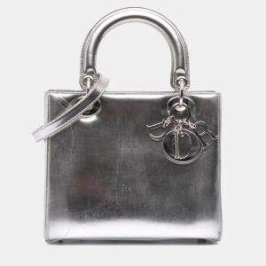 Pre Owned Dior Silver Medium Metallic Patent Lady Dior