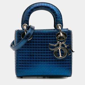 Pre Owned Dior Blue Mini Metallic Patent Microcannage Lady Dior