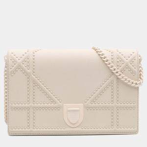 Pre Owned Dior White Small Ultra Matte Studded Calfskin Diorama Wallet on Chain