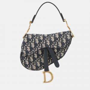 Pre Owned Dior Oblique Saddle Handbag Navy Canvas Leather Size Mini