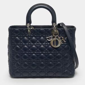 Pre Owned Dior Navy Blue Cannage Leather Large Lady Dior Tote