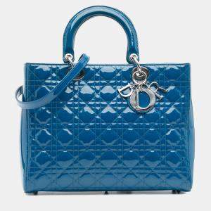 Pre Owned Dior Blue Large Patent Cannage Lady Dior