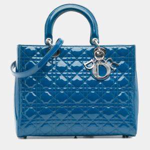 Pre Owned Dior Blue Large Patent Cannage Lady Dior