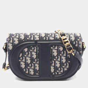 Pre Owned Christian Dior Dior Cd Signature Oblique Camera Bag Shoulder Canvas Leather Beige/Navy
