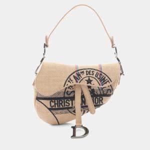 Pre Owned Christian Dior Dior Saddle Bag Shoulder Raffia Beige