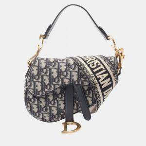 Pre Owned Christian Dior Dior Saddle Mini Oblique Handbag In Canvas And Leather Beige Blue Or Black