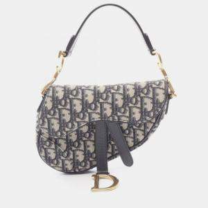 Pre Owned Christian Dior Dior Saddle Bag Mini Oblique Jacquard Handbag Canvas Leather Ivory/Navy