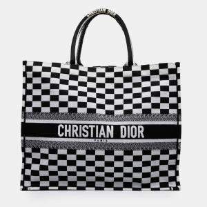 Pre Owned Dior Black White Large Embroidered Canvas Checkered Book Tote