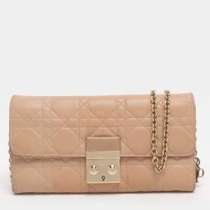 Pre Owned Dior Beige Cannage Leather Miss Dior Promenade Wallet on Chain