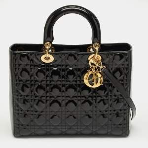 Pre Owned Dior Black Cannage Patent Leather Large Lady Dior Tote
