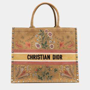 Pre Owned Dior Brown Large Studded Embroidered Suede Floral Book Tote