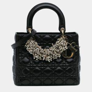 Pre Owned Dior Black Medium Lambskin Cannage Pearl Lady Dior