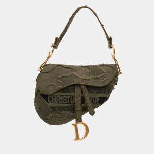 Pre Owned Dior Green Camouflage Canvas Embroidered Saddle Bag