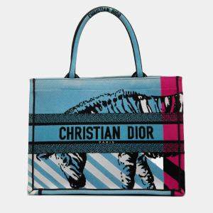 Pre Owned Dior Blue Medium Embroidered Canvas Zebra D Jungle Pop Book Tote