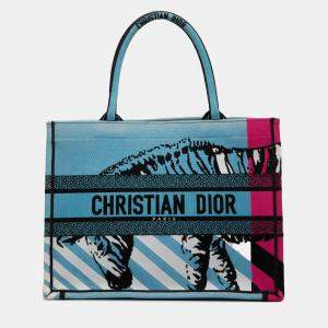 Pre Owned Dior Blue Medium Embroidered Canvas Zebra D Jungle Pop Book Tote