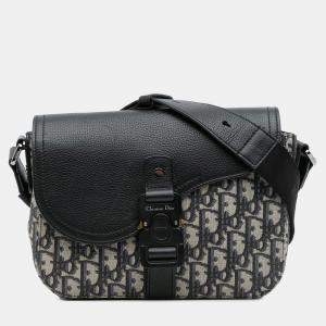 Pre Owned Dior Black Small Oblique Canvas Saddle Messenger Bag with Flap