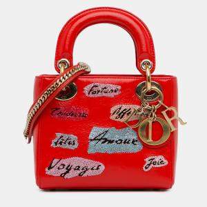 Pre Owned Dior Red Mini Calfskin Sequin Embellished Lady Dior