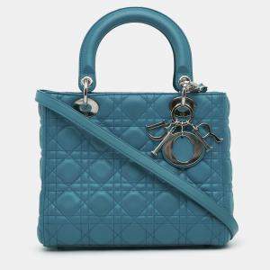 Pre Owned Dior Blue Medium Lambskin Cannage Lady Dior