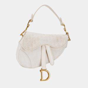 Pre Owned Dior White Mini Oblique Canvas Saddle Bag