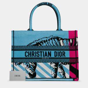 Pre Owned Dior Blue Medium Embroidered Canvas Zebra D Jungle Pop Book Tote