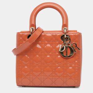 Pre Owned Dior Orange Medium Patent Cannage Lady Dior