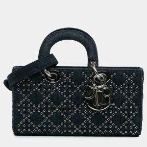 Pre Owned Dior Blue Medium Denim Cannage Eyelet Lady D Joy