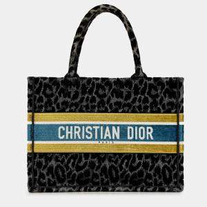 Pre Owned Dior Black Mizza Medium Embroidered Canvas Leopard Book Tote