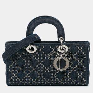 Pre Owned Dior Blue Medium Denim Cannage Eyelet Lady D Joy