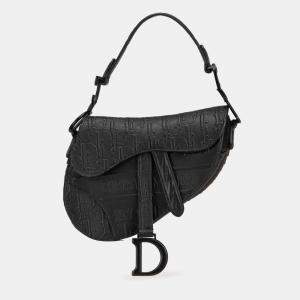 Pre Owned Dior Black Mini Oblique Embossed Calfskin Saddle Bag
