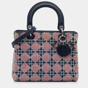 Pre Owned Dior Navy Blue Medium Lambskin And Tweed Cannage Lady Dior