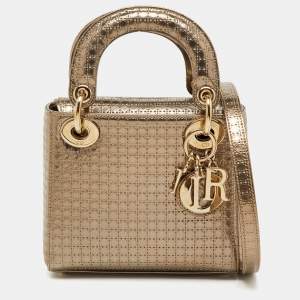 Pre Owned Dior Metallic Gold Microcannage Patent Leather Mini Lady Dior Tote
