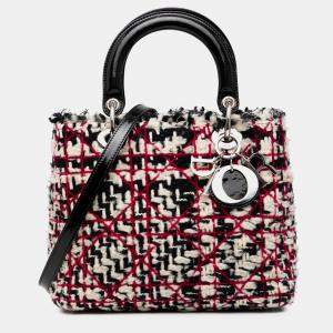 Pre Owned Dior Black Medium Tweed Cannage Fringe Lady Dior
