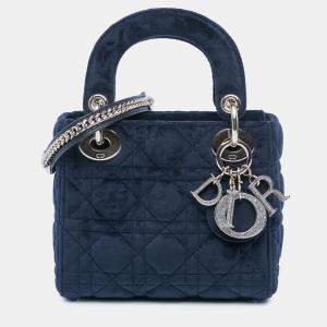 Pre Owned Dior Blue Mini Velvet Cannage Lady Dior