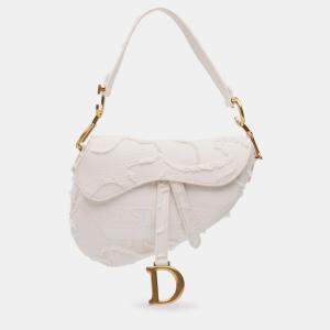 Pre Owned Dior White Canvas Embroidered Camouflage Saddle Bag