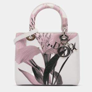Pre Owned Dior White Medium Deerskin Floral Printed Lady Dior