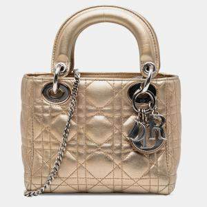 Pre Owned Dior Gold Mini Metallic Lambskin Cannage Lady Dior