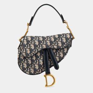 Pre Owned Dior Navy Blue Mini Oblique Canvas Saddle Bag