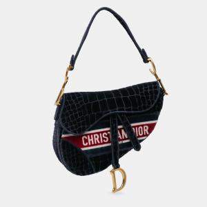 Pre Owned Dior Navy Blue Velvet Embroidered Crocodile Effect Saddle Bag