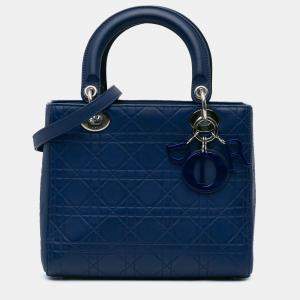 Pre Owned Dior Blue Medium Ultra Matte Calfskin Cannage Embossed Lady Dior