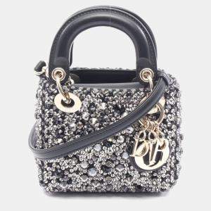 Pre Owned Christian Dior Dior Lady Micro Handbag Leather Rhinestone Bag Black Clear Silver