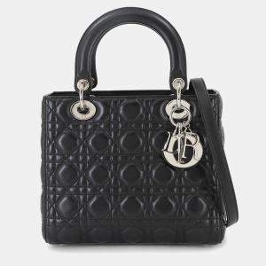 Pre Owned Christian Dior Cannage Lady Medium Shoulder Bag In Black Leather