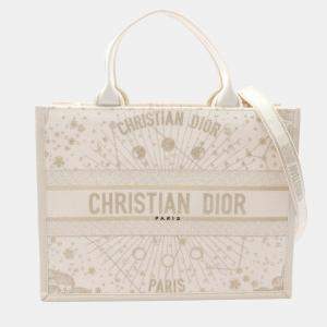 Pre Owned Christian Dior Book Tote Medium Tote Bag  Canvas And Leather  White/Gold