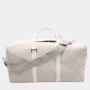 Pre Owned Christian Dior Dior Oblique Boston Bag  Canvas And Leather  White/Beige