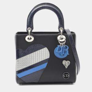 Pre Owned Christian Dior Dior Lady Dior Lady Handbag  Leather  Black/Blue