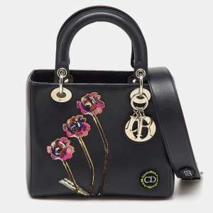Pre Owned Dior Black Leather Flower Embroidered Medium Lady Dior Tote