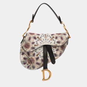 Pre Owned Dior Beige Mini Calfskin Kaleidiorscopic Embroidered Saddle Bag