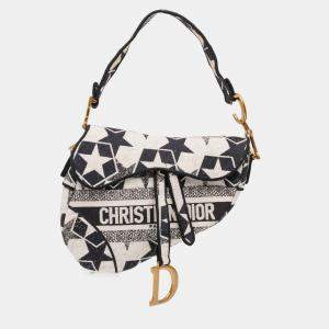 Pre Owned Dior Black/White Embroidered Canvas Stars Saddle Bag