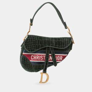 Pre Owned Dior Green Velvet Embroidered Crocodile Effect Saddle Bag