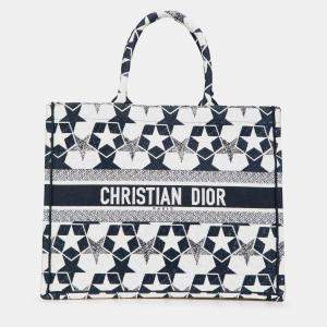 Pre Owned Dior Navy Blue White Large Canvas Embroidered Lucky Star Book Tote