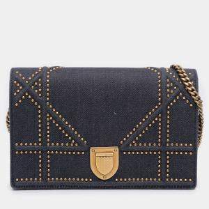Pre Owned Dior Navy Blue Studded Denim Diorama Wallet on Chain